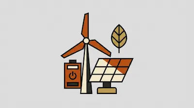 A wind turbine, solar panel, battery, and leaf in a minimalist graphic style.