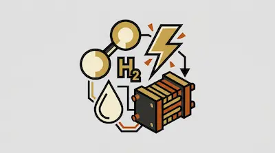 A lightning bolt, a water droplet, the text H2, and a fuel cell stack are connected by lines in a circular graphic.