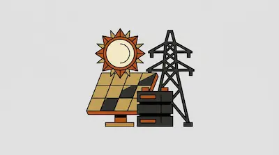 A sun, solar panel, battery storage unit, and power line tower.