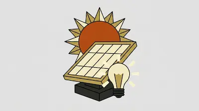 A stylized sun, solar panel, and glowing light bulb.