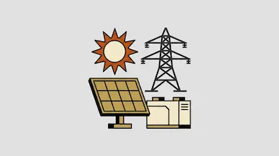 A sun, a solar panel, an electrical pylon, and a battery storage unit.