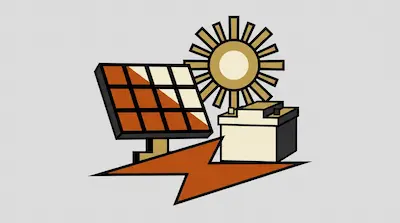 A solar panel, sun, and battery positioned above a large lightning bolt.