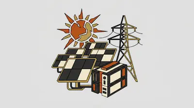 A stylized sun, solar panels, a battery storage unit, and a power line tower.