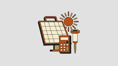 A solar panel, a sun, a calculator, and a garden light in a stylized, earth-toned graphic.