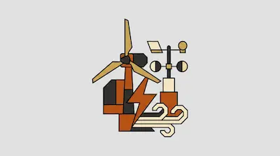 A wind turbine, anemometer, lightning bolt, and wind gusts in a geometric, earthy-toned style.