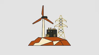 A wind turbine, a small building, and an electricity pylon stand on a rocky mound.