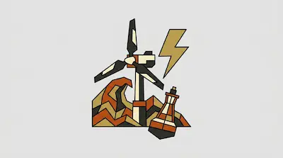 A geometric illustration of a wind turbine, a lightning bolt, and a buoy among stylized waves.