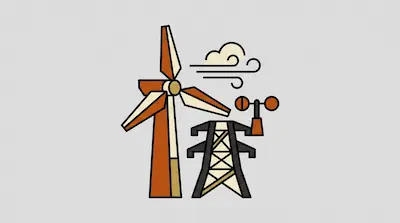 A wind turbine and a power line tower stand next to wind symbols and an anemometer.