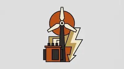 A stylized wind turbine stands in front of an orange circle, with a power transformer and a lightning bolt at its base.