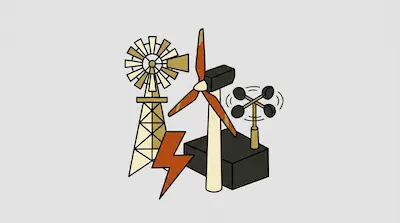 A traditional windmill, a modern wind turbine, an anemometer, and a lightning bolt.