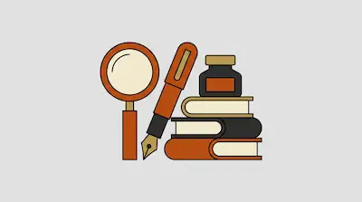 A magnifying glass, a fountain pen, and an inkwell on a stack of three books.