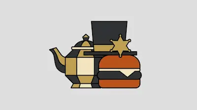 A stylized teapot, a top hat with a sheriff's star, and a hamburger.