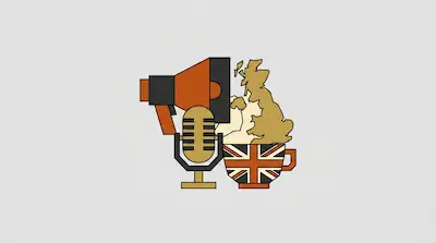 A megaphone, a vintage microphone, a map of the United Kingdom, and a teacup with the Union Jack flag are grouped together.