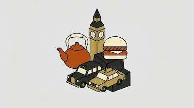 A teapot, a clock tower, a hamburger, and two taxis are grouped together in a stylized graphic.