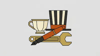 A teacup, a striped top hat, a fountain pen, and a wrench are arranged together.