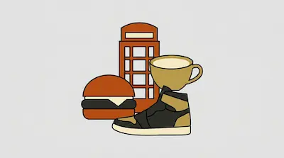 A hamburger, a telephone booth, a cup of coffee, and a high-top sneaker arranged in a cluster.