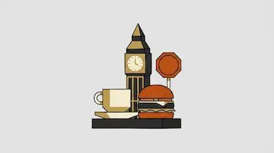 A stylized graphic of a clock tower, a cup of coffee, a burger, and an octagonal sign on a dark base.