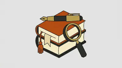 A stack of two books with a fountain pen on top and a magnifying glass leaning against the side.