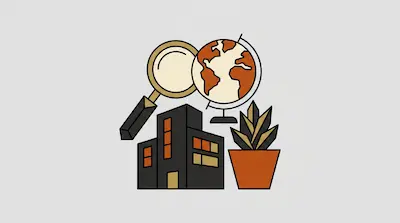 A magnifying glass, a globe, a building, and a potted plant are grouped together in shades of orange, tan, and black.