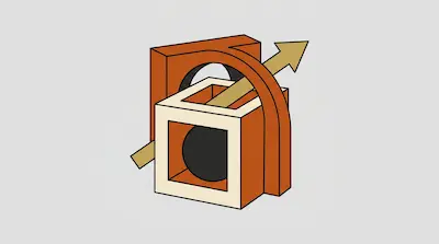 A hollow white cube containing a black sphere is positioned in front of an orange arch with a gold arrow passing diagonally through the center.