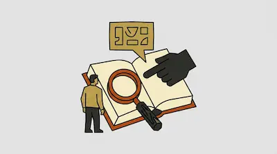 A person stands next to a large open book featuring a magnifying glass, a pointing hand, and a speech bubble containing abstract shapes.