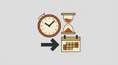 A clock, an hourglass, and a calendar with an arrow pointing toward the calendar.