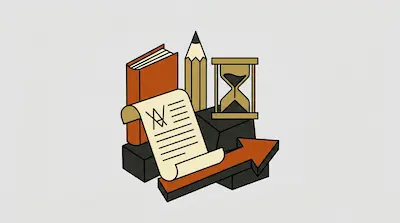 A book, pencil, hourglass, and scroll are arranged with an upward-pointing arrow on dark blocks.