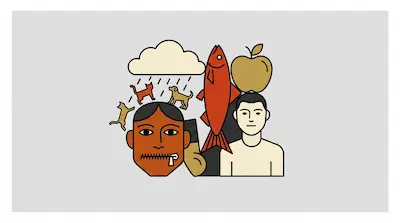 Flat illustration of two men, a red fish, an apple, and a rain cloud with cats and dogs on a gray background