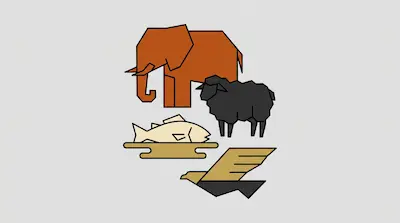 Flat illustration of an orange elephant, a black sheep, a cream fish, and a gold bird on a light gray background