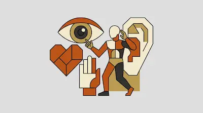 Flat illustration of a geometric human figure surrounded by a large eye, ear, heart, and hand on a gray background