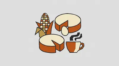 Flat illustration of an ear of corn, two wheels of cheese, and a steaming cup of coffee on a light gray background