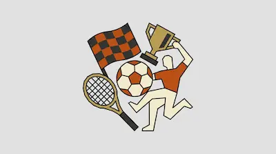 Flat illustration of a stylized athlete holding a trophy, surrounded by a soccer ball, tennis racket, and checkered flag.