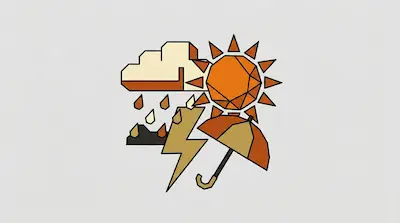 Flat illustration of weather symbols including a geometric sun, a rain cloud with lightning, and an open umbrella