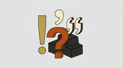 Stylized three-dimensional punctuation marks, including an exclamation point, question mark, comma, and quotation marks, are grouped together.