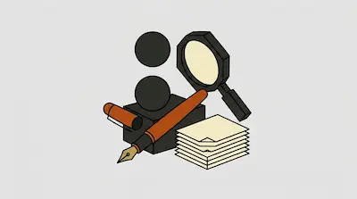 A fountain pen, a stack of papers, and a magnifying glass are grouped together with two black circles.