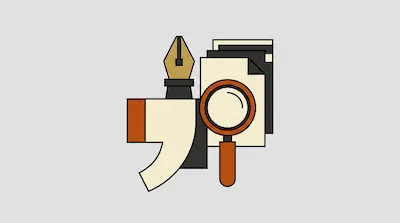 A fountain pen nib, a stack of papers, a magnifying glass, and a large comma are grouped together.