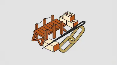 An isometric arrangement of a wooden bridge, building blocks, a needle piercing a block, and a chain link.