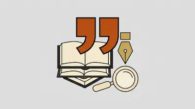 Large orange quotation marks positioned above an open book, a fountain pen nib, and a magnifying glass.