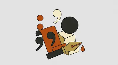 Stylized writing elements including a fountain pen nib, commas, a scroll, and geometric shapes in shades of brown, cream, and black.