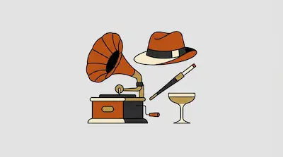 Flat illustration of a vintage gramophone, a fedora hat, a cigarette holder, and a cocktail glass on a gray background