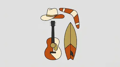 Flat illustration of a cowboy hat, a boomerang, an acoustic guitar, and a surfboard on a light gray background