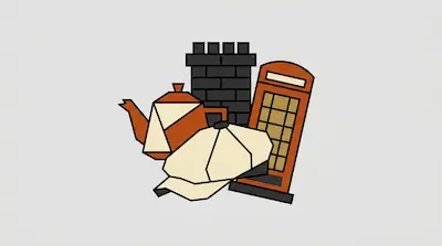 Flat illustration of a teapot, a newsboy cap, a telephone booth, and a brick chimney on a light gray background