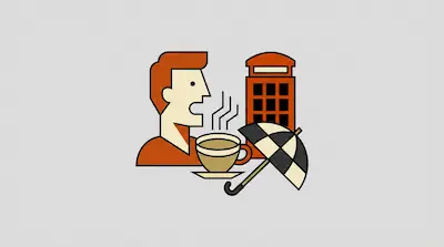 Flat illustration of a man next to a steaming cup of coffee, a red phone booth, and a checkered umbrella on a gray background