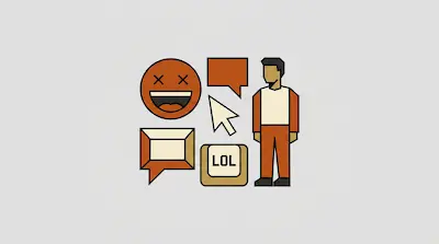 Flat illustration of a man standing next to a laughing emoji, a cursor, and speech bubbles on a grey background