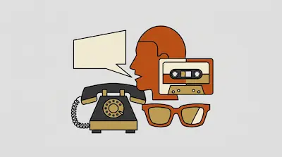 Flat illustration of a profile head with a speech bubble, a rotary telephone, a cassette tape, and glasses on grey.