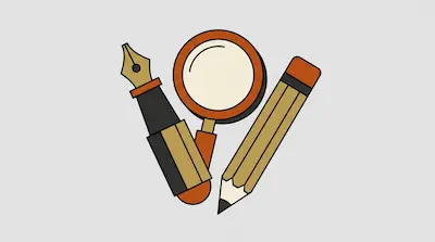 A fountain pen, a magnifying glass, and a pencil grouped together.