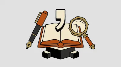 An open book with a large comma above it, a fountain pen on the left, and a magnifying glass on the right.