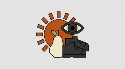 A stylized orange sun, a black eye, a pair of black boots, and a pear.