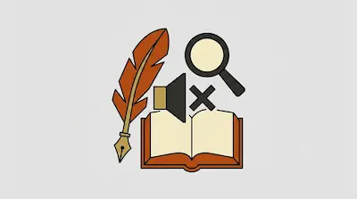 A quill pen, a magnifying glass, an open book, and a muted speaker icon.