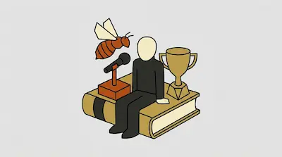A person sits on a large book between a microphone and a trophy, with a large bee flying nearby.